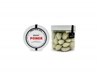 MULATE POWER BOOST Skrudinti migdolai baltajame šokolade, praturtintame proteinu, 120 G MULATE POWER BOOST Skrudinti migdolai baltajame šokolade, praturtintame proteinu, 120 G